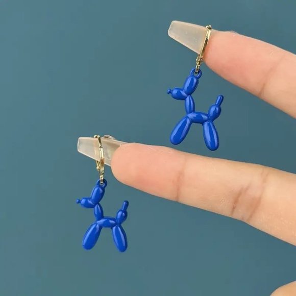 Balloon Dog Earrings Poodle Animal Puppy Fun Dangle Circus Clown Party Blue - Picture 1 of 2